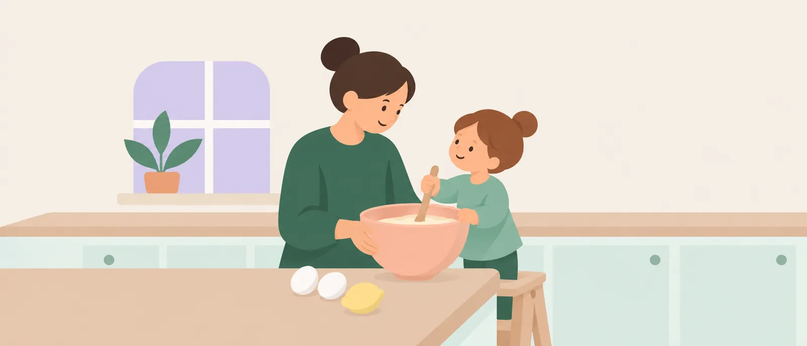 Mama i córka mieszają ciasto w misce przy kuchennym blacie